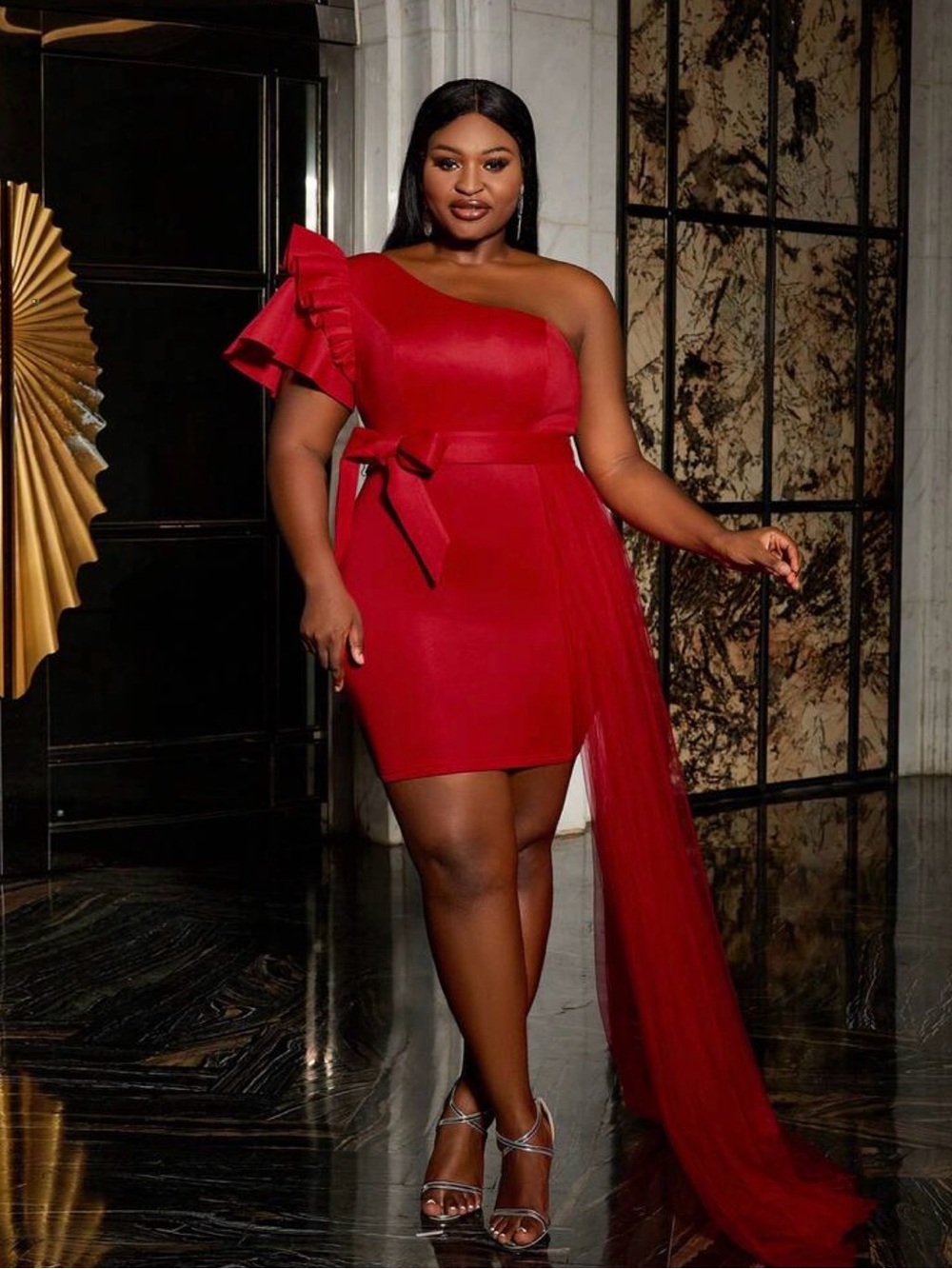 #457 One-Shoulder Red Cocktail Dress with Draped Tulle Train-5X/26W